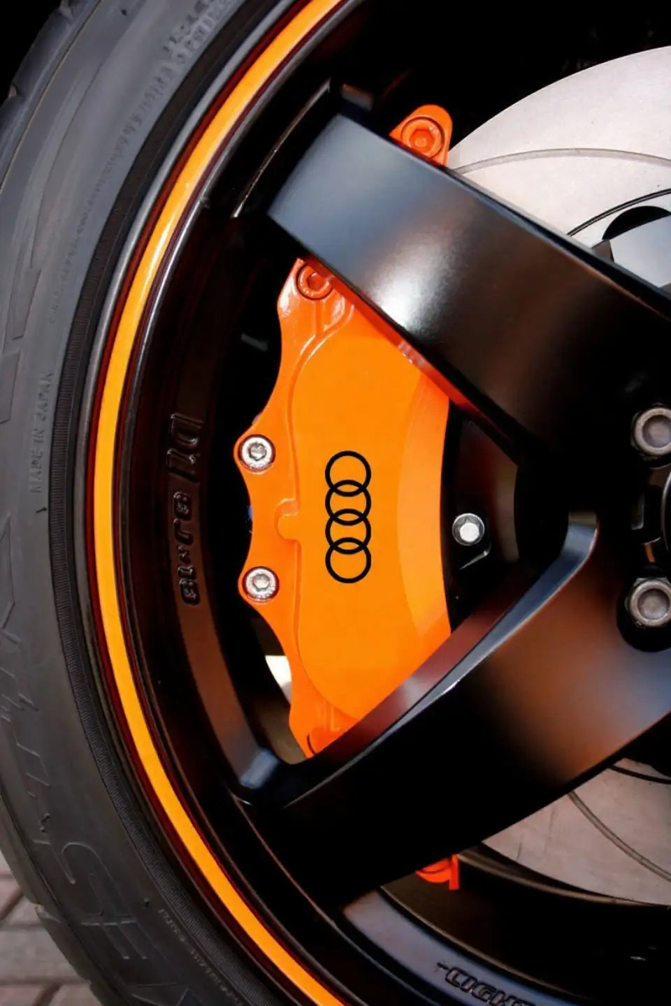 Audi rings logo brake caliper stickers, red, 6 pcs., for car calipers