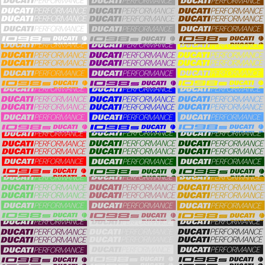 Repeating pattern of Ducati branding in various colors on a white background