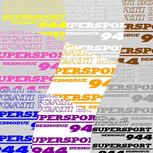 Pattern of Ducati Supersport 944 Desmodue text in various colors on a gray background