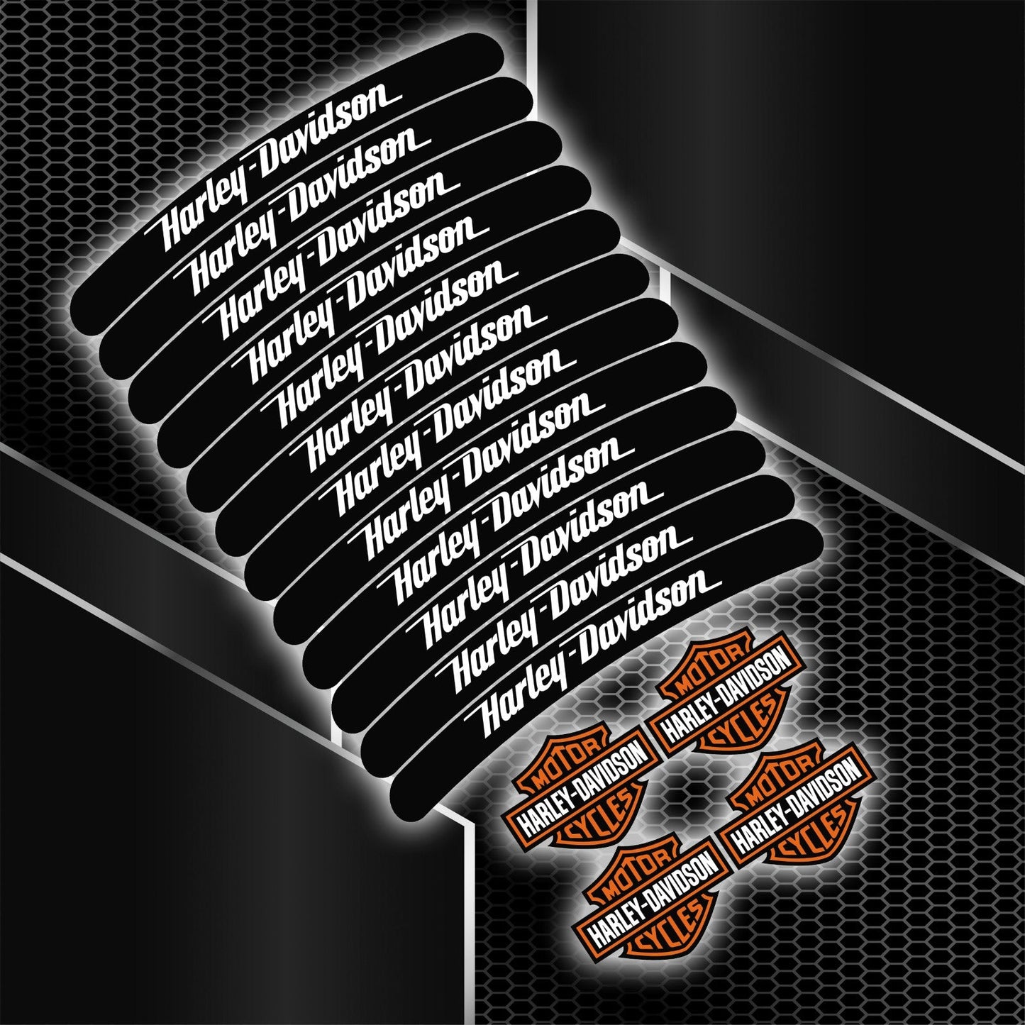 Harley-Davidson Black Rim Stripe wheel decal kit 16 stickers for 2 wheels, 10mm thickness, 120mm length, glossy finish, mirrored graphics