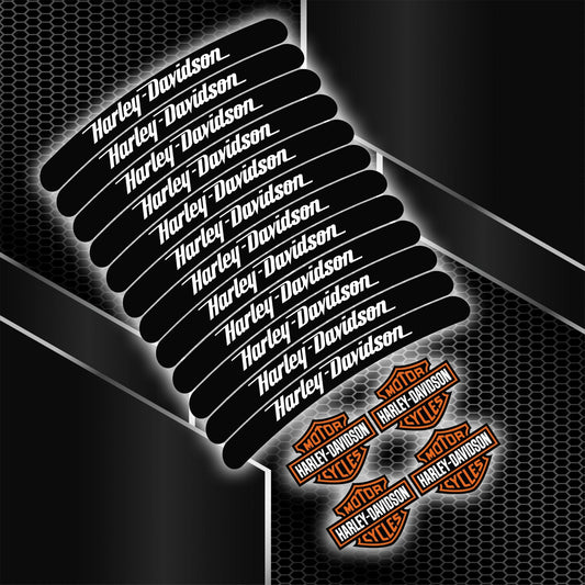 Harley-Davidson Black Rim Stripe wheel decal kit 16 stickers for 2 wheels, 10mm thickness, 120mm length, glossy finish, mirrored graphics