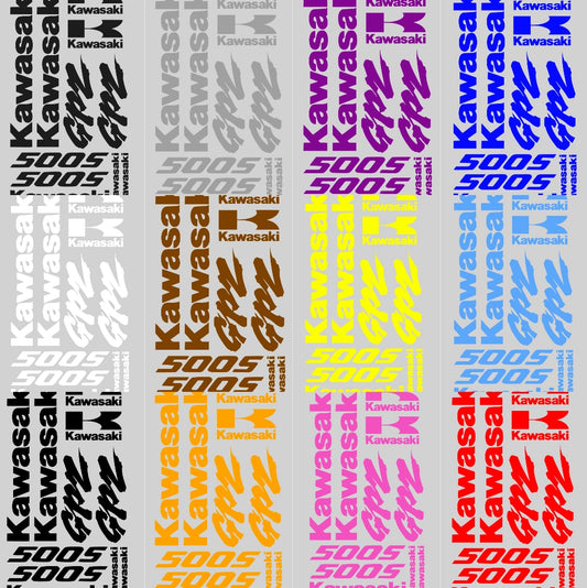 Pattern of Kawasaki logos and text in various colors on a gray background