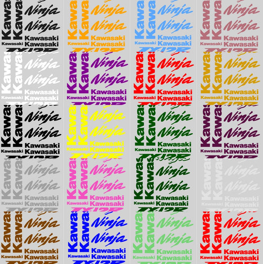 Pattern of Kawasaki and Ninja logos in various colors on a gray background