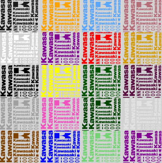 Repeating pattern of Kawasaki logos in various colors on a white background