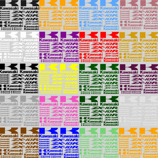 Colorful Kawasaki ZX-10R decals arranged in a grid pattern on a white background.