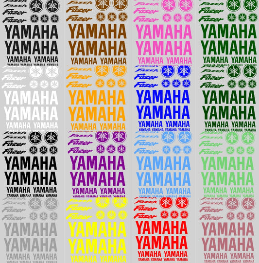 Repetition of Yamaha logos and text in various colors on a light gray background