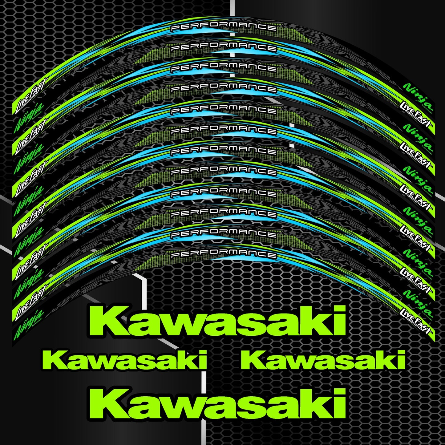 KAWASAKI NINJA Wheel Decals – Black Rim Stickers (16pcs)