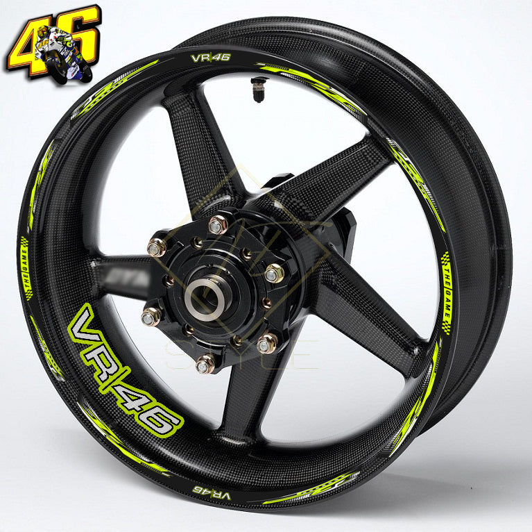 Motorcycle wheel with VR46 branding on a white background