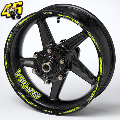 Motorcycle wheel with VR46 branding on a white background