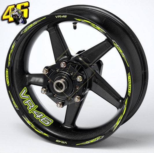 Motorcycle wheel with VR46 branding on a white background