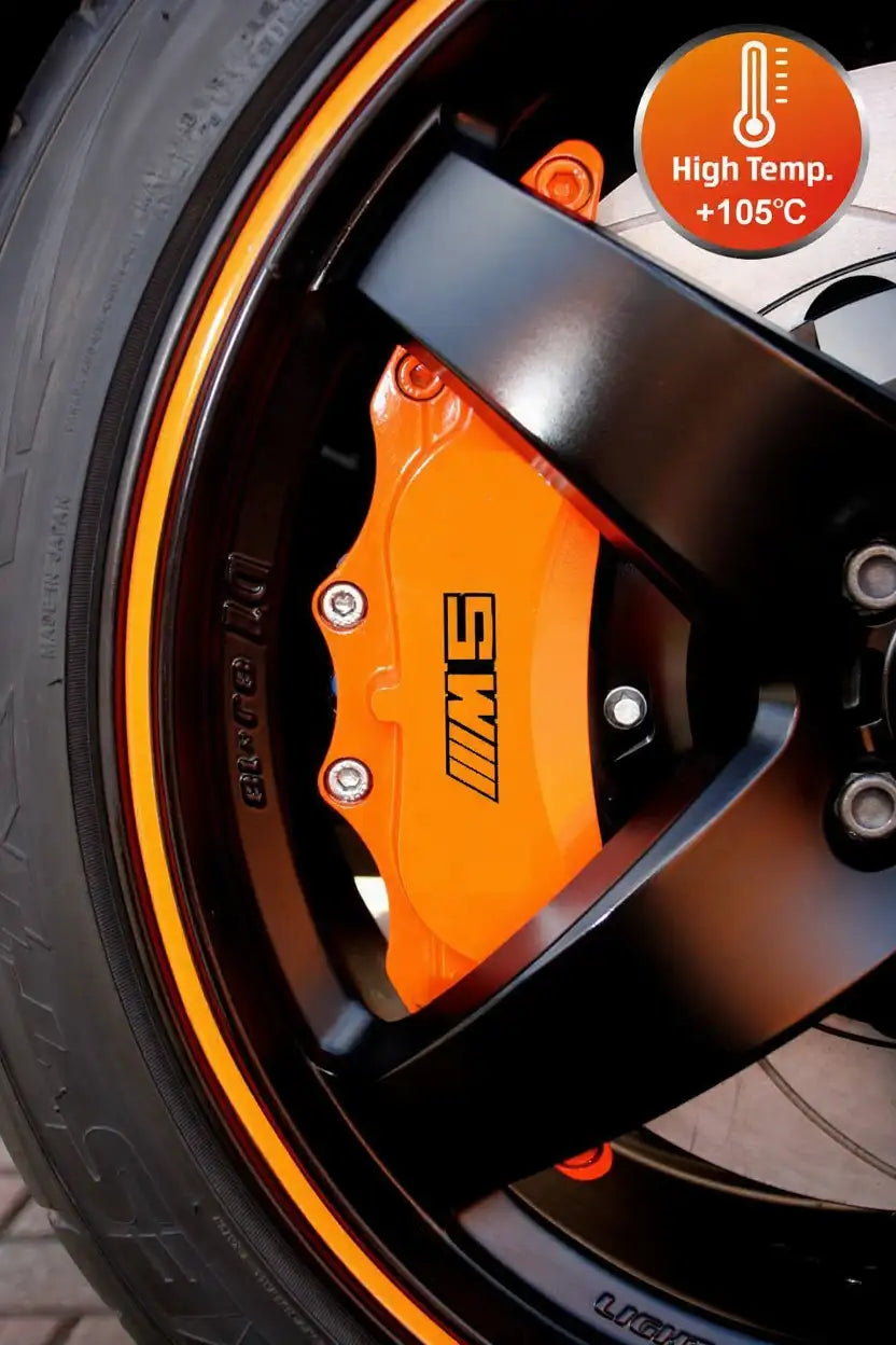 BMW M5 Sport stabdžių suportų lipdukai, raudoni, 6 vnt., pritvirtinti prie suportų
