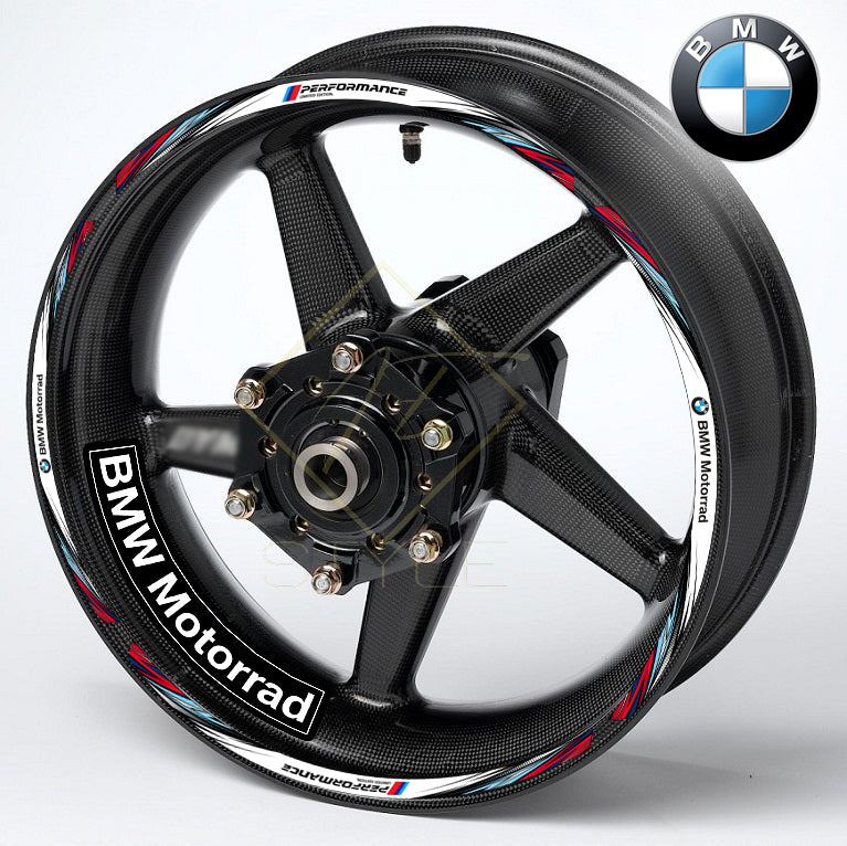 BMW motorcycle wheel decal kit 20 stickers for 2 wheels, 10mm stripe thickness, glossy finish, mirrored graphics, universal fit, M Sport Performance colors