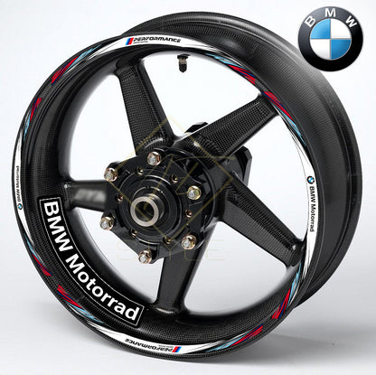BMW motorcycle wheel decal kit – 20 stickers for 2 wheels, 10mm stripe thickness, glossy finish, mirrored graphics, universal fit, M Sport & Performance colors