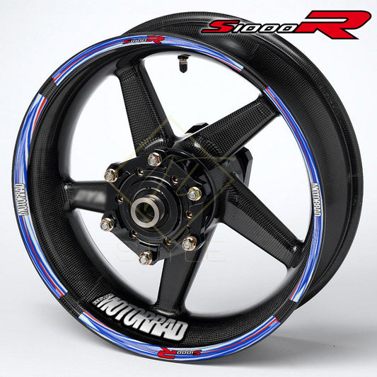 BMW S1000R wheel decal kit – 20 stickers for 2 wheels, 10mm stripe thickness, glossy finish, mirrored graphics, M Sport performance style