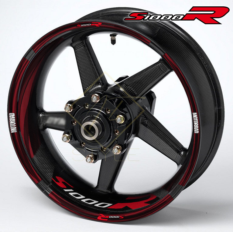 BMW S1000R motorcycle wheel decal kit 36 stickers for 2 wheels, edge stripes 10mm, inner 50mm/30mm, glossy finish, mirrored graphics, Black Red