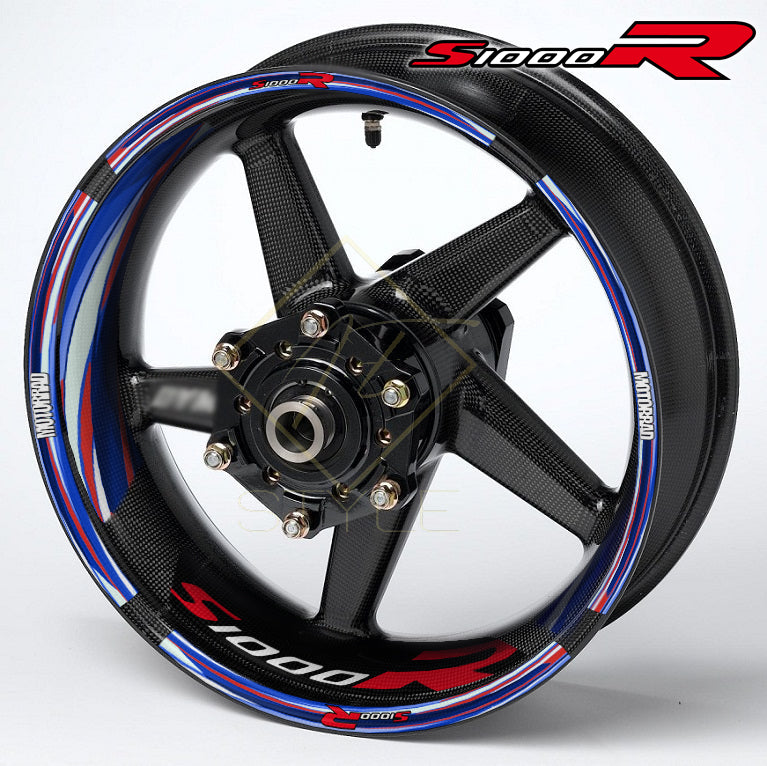 BMW S1000R wheel decal kit 36 stickers for 2 wheels, 10mm edge stripes, inner 50mm/30mm decals, glossy finish, mirrored graphics, M Sport performance style