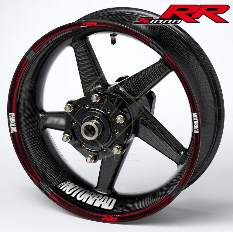 BMW S1000RR Black Red wheel decal kit 20 stickers for 2 wheels, 10mm stripe thickness, glossy finish, mirrored graphics, M Sport-inspired style