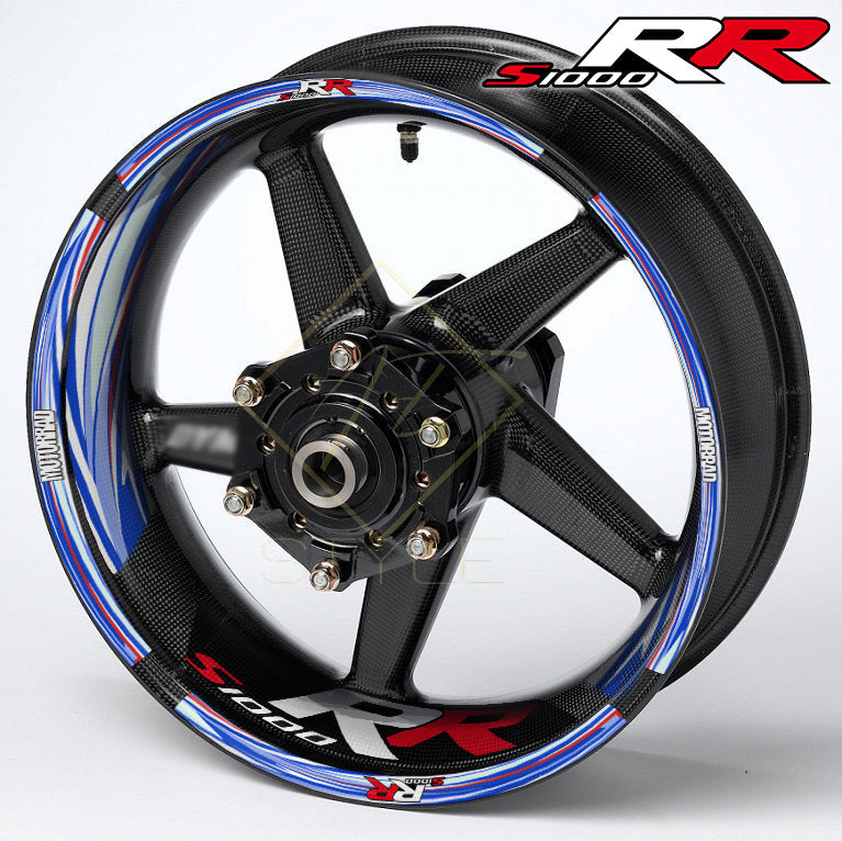 BMW S1000RR M Sport Performance wheel decal kit 36 stickers, 10mm edge stripes, inner 50mm/30mm decals, glossy finish, mirrored graphics, performance styling