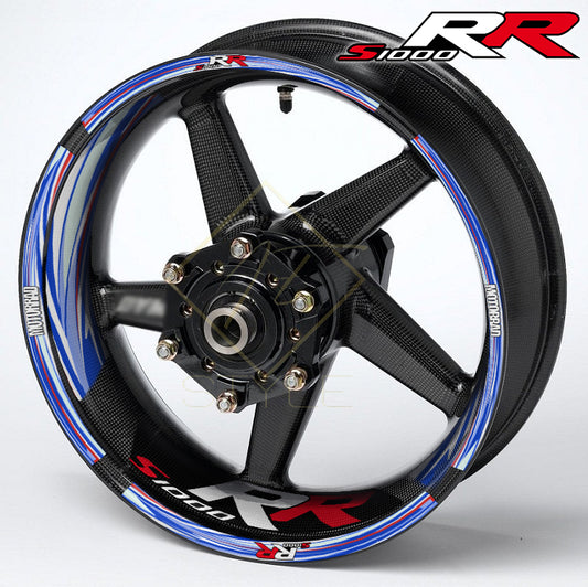 BMW S1000RR M Sport Performance wheel decal kit – 36 stickers, 10mm edge stripes, inner 50mm/30mm decals, glossy finish, mirrored graphics, performance styling