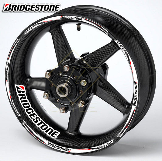 BRIDGESTONE Universal motorcycle wheel decal kit – 20 stickers for 2 wheels, 10mm thick, glossy finish, mirrored graphics, fits Honda, BMW, Yamaha, Kawasaki