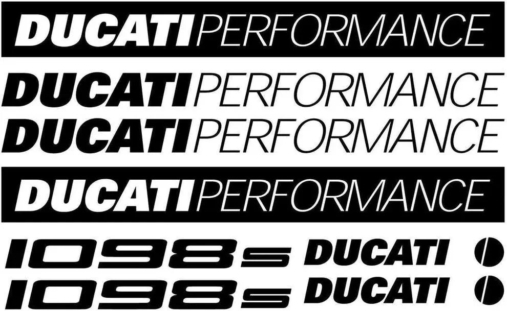 Set of Ducati Performance decals with '1098s' on a black background