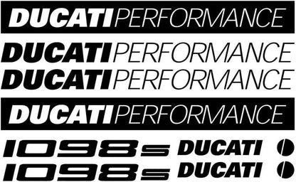 Set of Ducati Performance decals with '1098s' on a black background