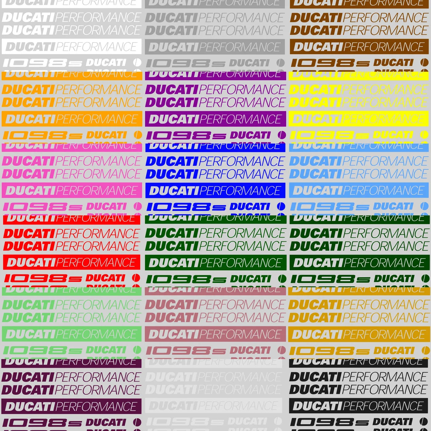 Repeating pattern of Ducati branding in various colors on a white background