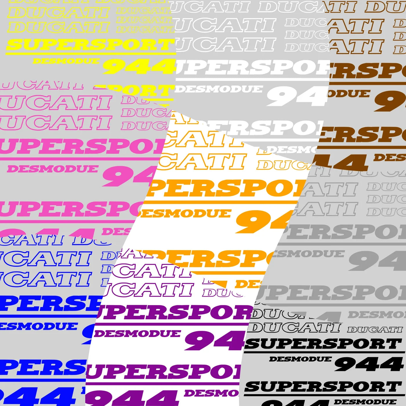 Pattern of Ducati Supersport 944 Desmodue text in various colors on a gray background