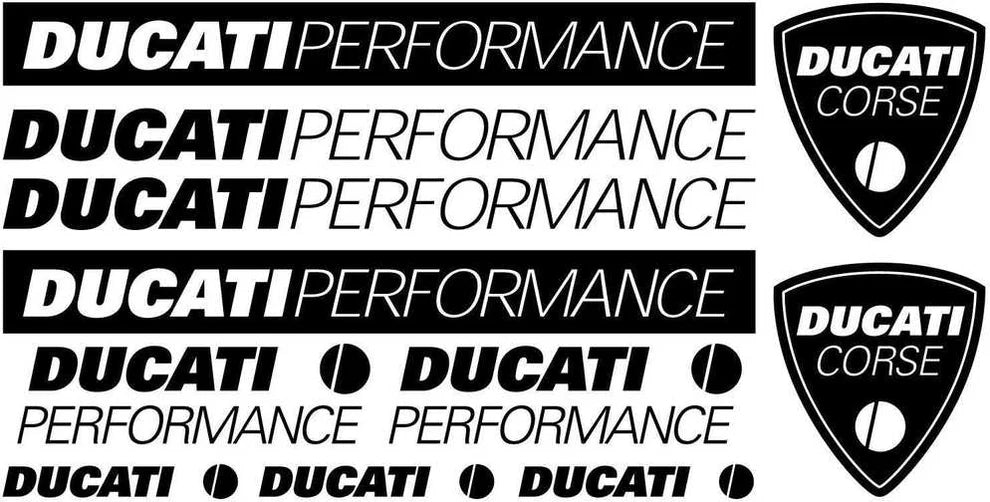 Ducati Performance and Ducati Corse logos and text on a white background