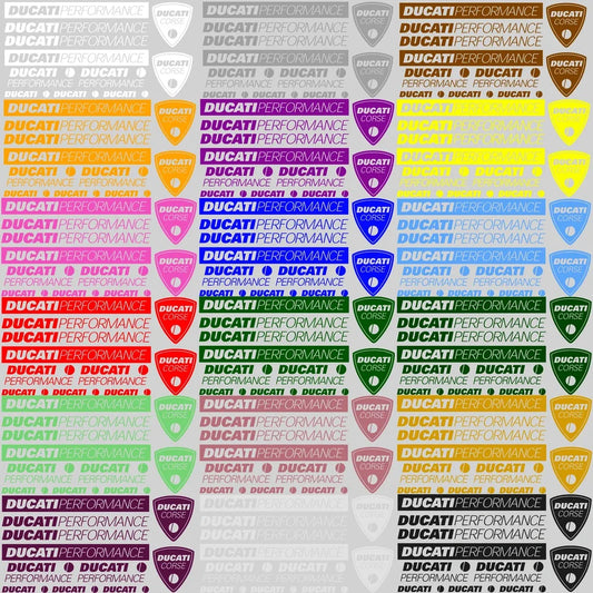 Pattern of Ducati logos and text in various colors on a gray background