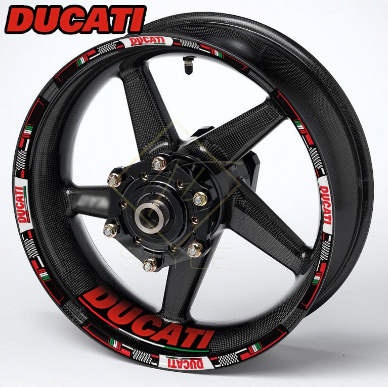 DUCATI Italy Edition wheel decal kit 20 stickers for Panigale, Diavel, Monster, 10mm stripe thickness, glossy finish, mirrored graphics, performance styling
