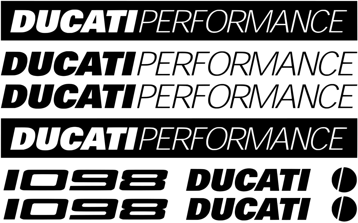 Set of Ducati Performance decals with various designs on a black background