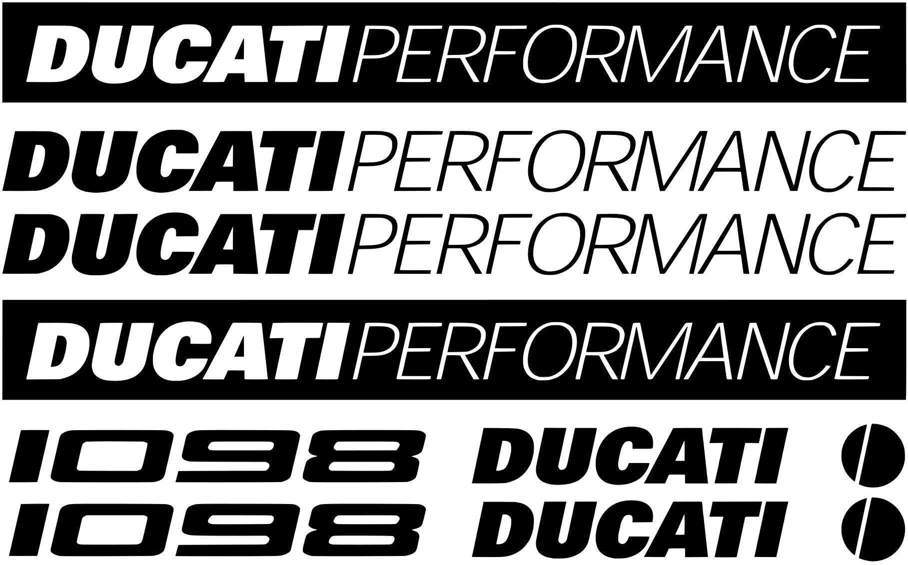 Set of Ducati Performance decals with various designs on a black background