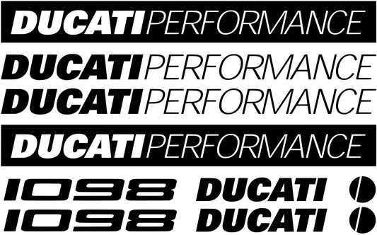 Set of Ducati Performance decals with various designs on a black background