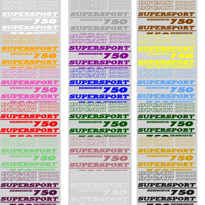Colorful Ducati decals with text on a white background