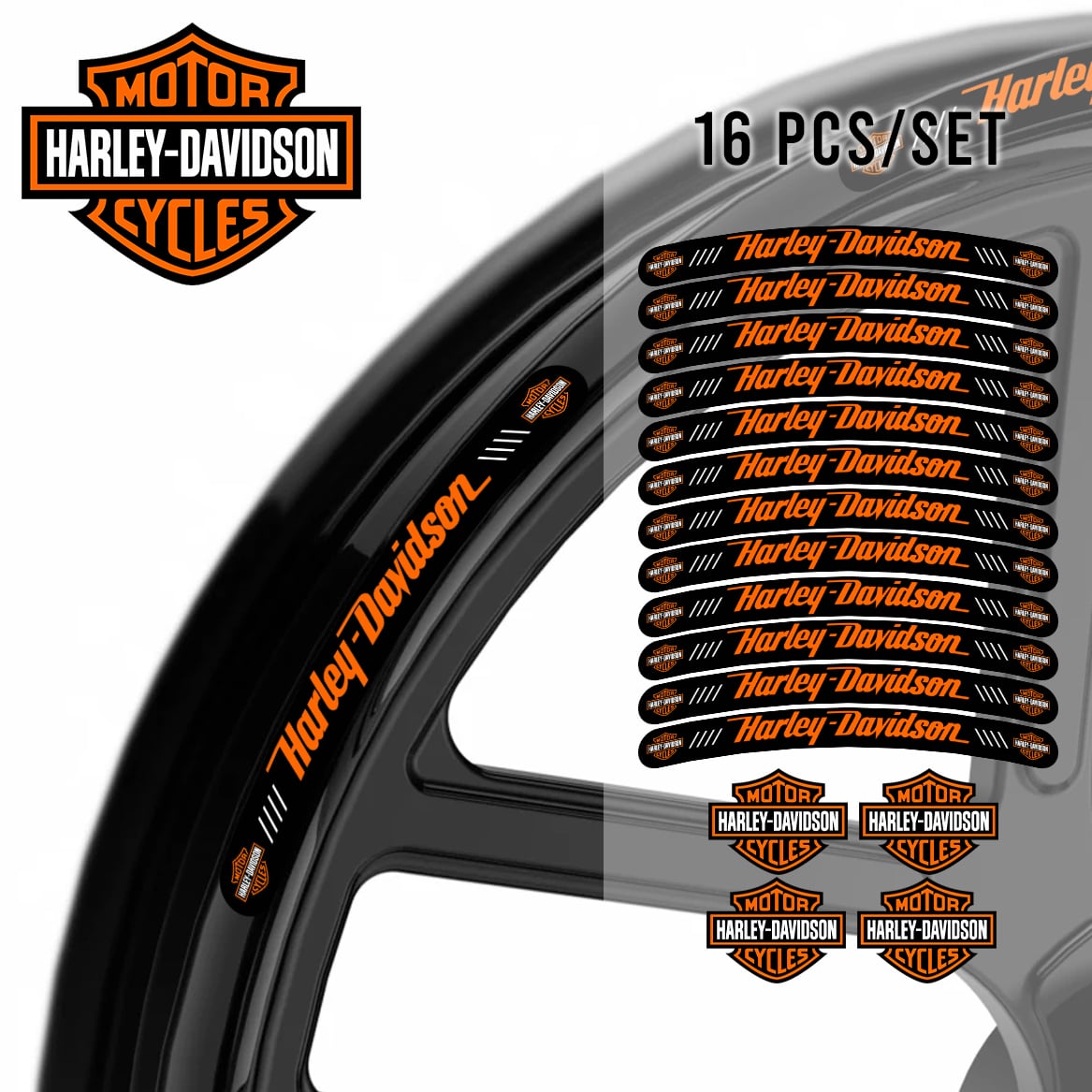 Harley-Davidson wheel stripe decal kit – 16 stickers for 2 wheels, 10mm thick, 120mm long, glossy finish, mirrored graphics, black background