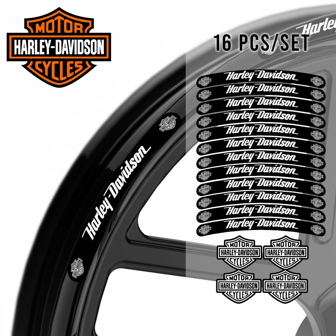 Harley-Davidson V-Rod / Sportster Black Rim Stripe wheel decal kit 16 stickers for 2 wheels, 10mm thickness, 120mm length, glossy finish, mirrored graphics
