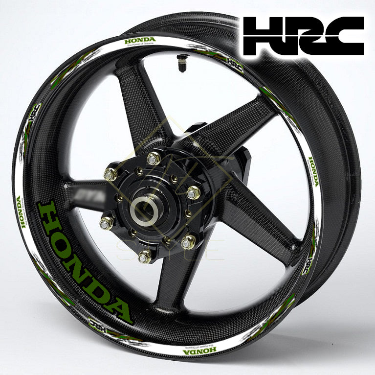 HONDA HRC Fireblade Army Black wheel decal kit 20 stickers for 2 wheels, 10mm thick, glossy finish, mirrored graphics, designed for black wheels