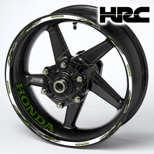 HONDA HRC Fireblade Army Black wheel decal kit – 20 stickers for 2 wheels, 10mm thick, glossy finish, mirrored graphics, designed for black wheels