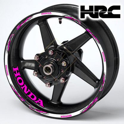 HONDA HRC Fireblade Pink Black wheel decal kit – 20 stickers for 2 wheels, 10mm thick, glossy finish, mirrored graphics, designed for black wheels