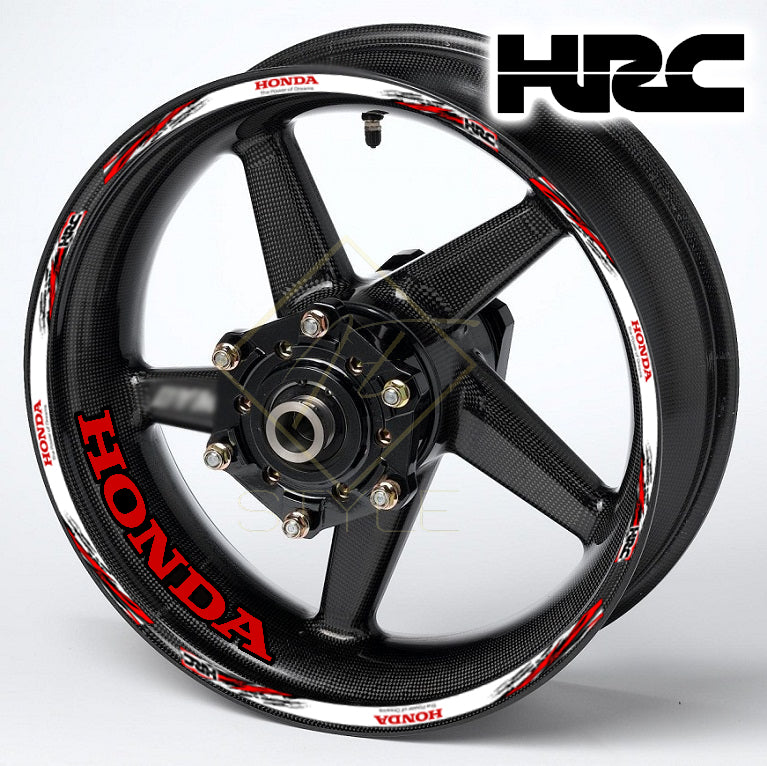 HONDA HRC Fireblade Black wheel decal kit – 20 stickers for 2 wheels, 10mm thick, glossy finish, mirrored graphics, designed for black wheels