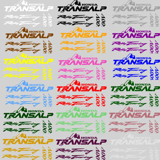 Repeating pattern of 'Honda Transalp' text in various colors on a light gray background