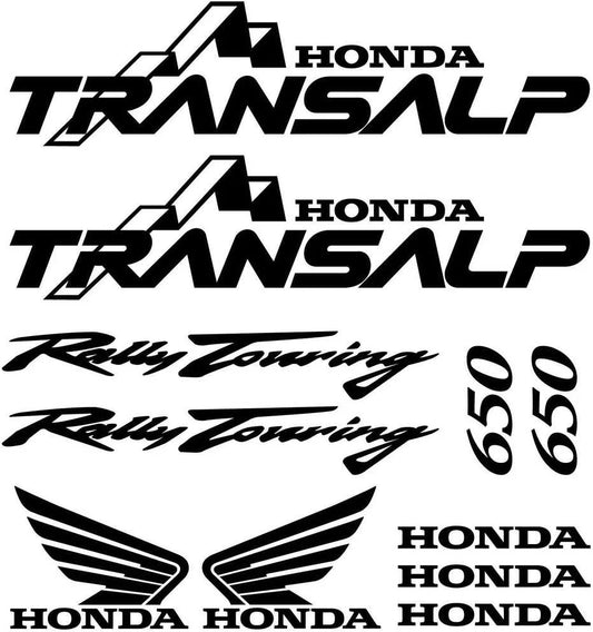 Set of Honda Transalp decals with various text and logos on a white background