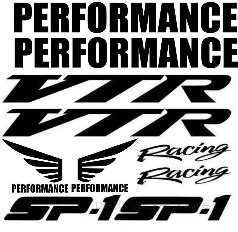 Set of automotive decals with 'VTR', 'Racing', and 'SP-1' text on a white background.