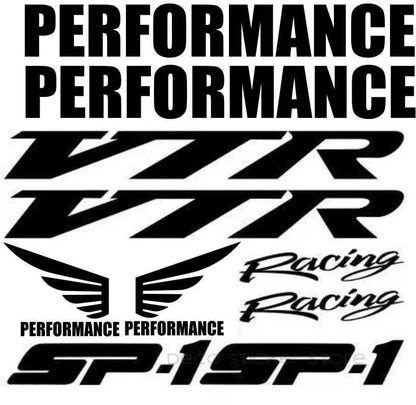 Set of automotive decals with 'VTR', 'Racing', and 'SP-1' text on a white background.