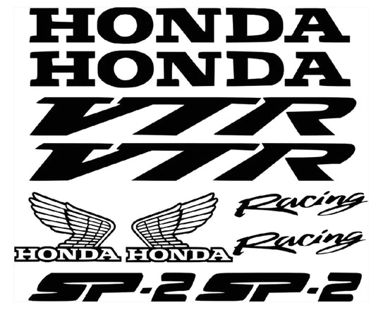 Set of green Honda decals including 'Honda', 'VTR', 'Racing', and 'SP-2' on a light gray background.