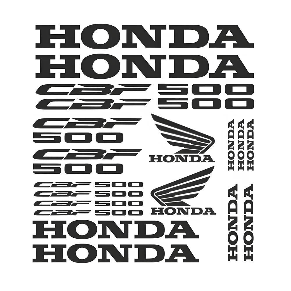 Set of Honda decals including text and logo on a white background