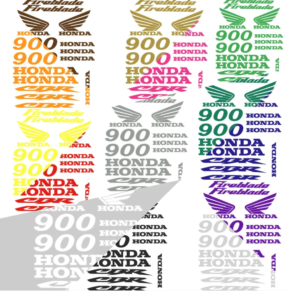 Collection of Honda motorcycle decals in various colors on a white background