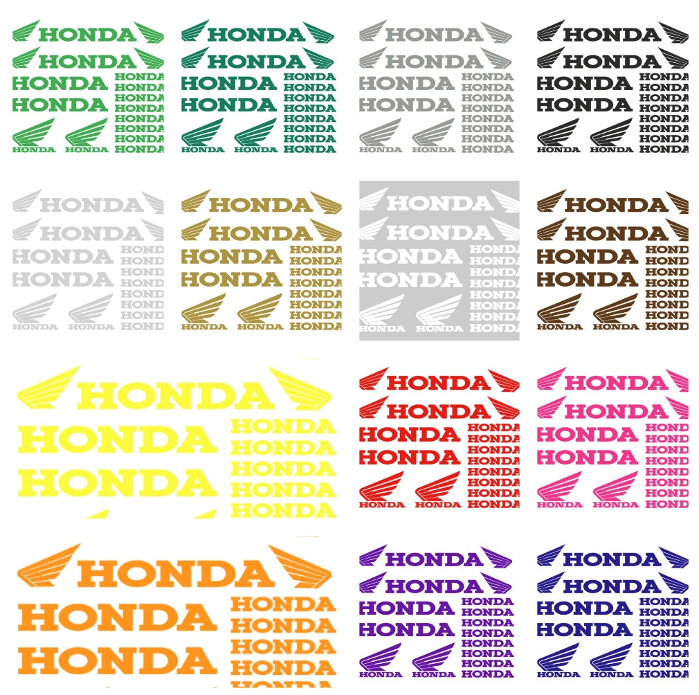 Collection of Honda logos in various colors on a white background
