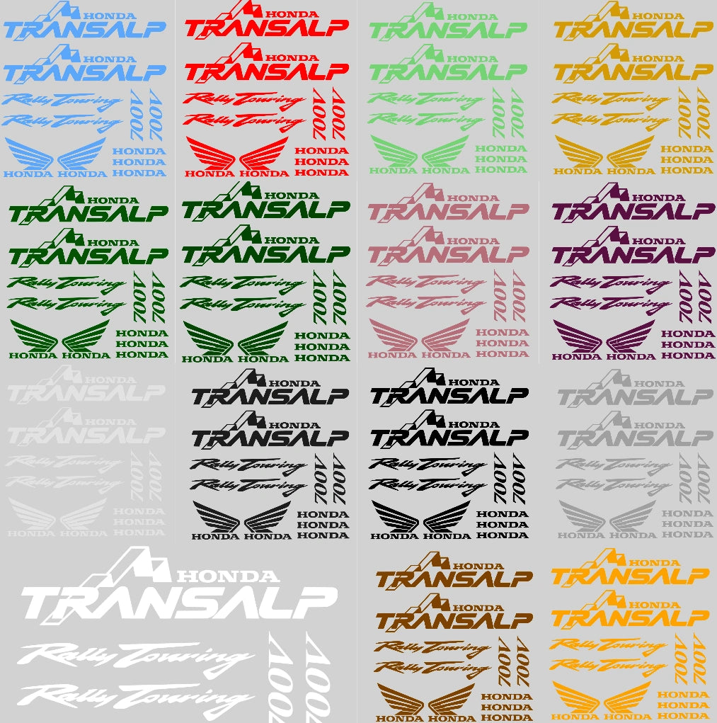 Collection of Honda Transalp decals in various colors on a gray background